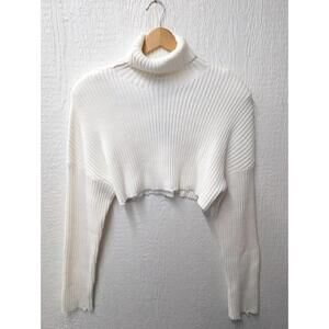 NWT JLuxLabel White Cropped Distressed Hem Shoulder Pads Boxy Sweater Medium